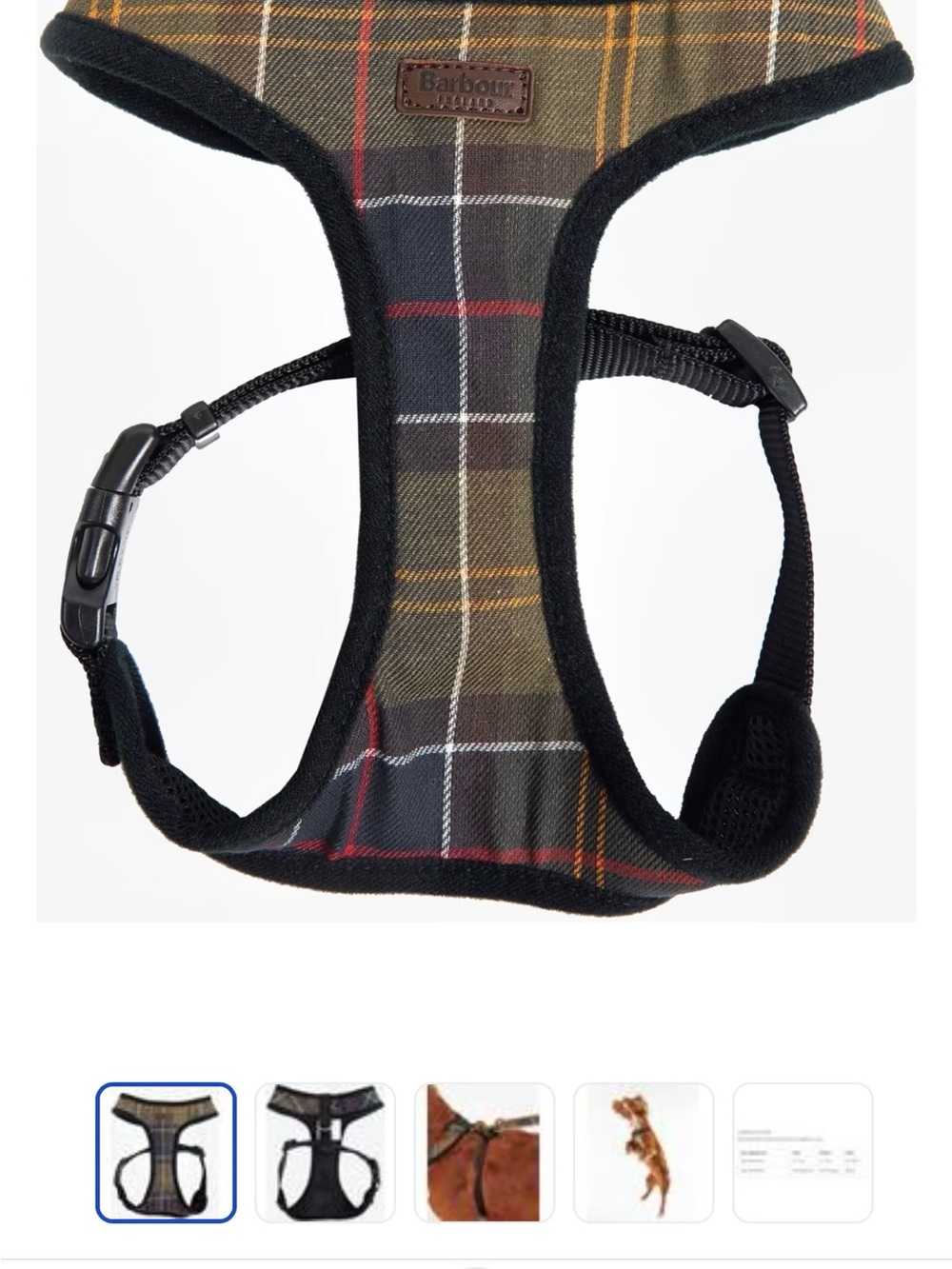 Barbour Classic Tartan Plaid Harness in Olive, Black & Red. Dog Harness. Medium